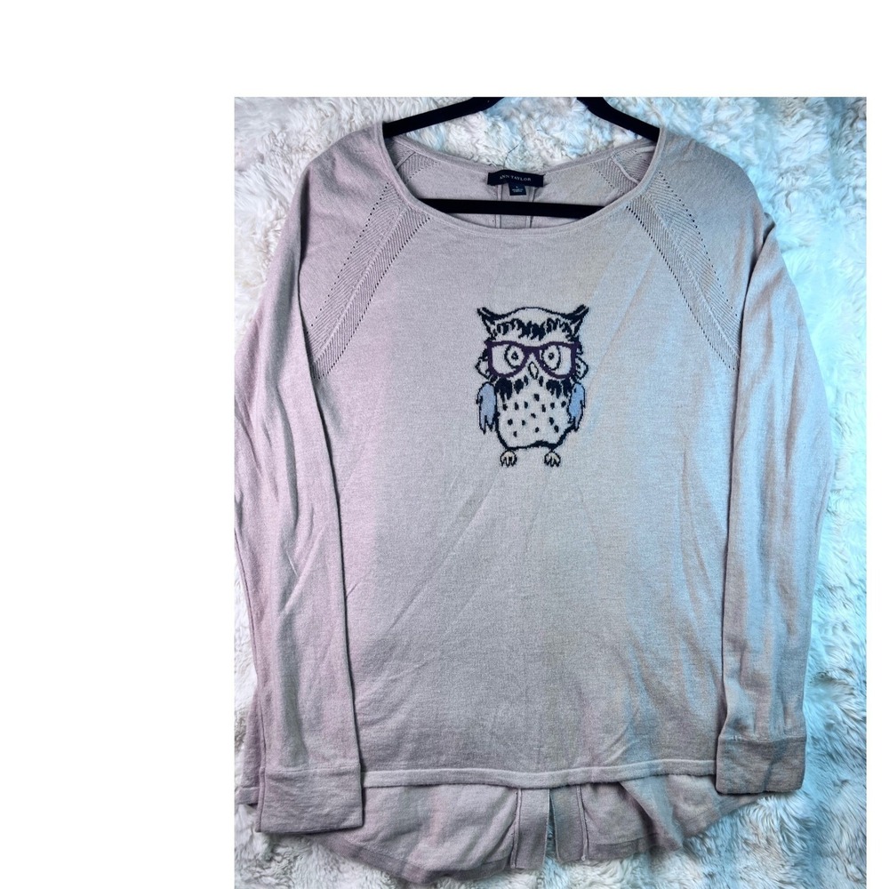 Ann Taylor Beige Owl Intarsia Sweater Long Sleeve Pointelle Knit Top Large. A13